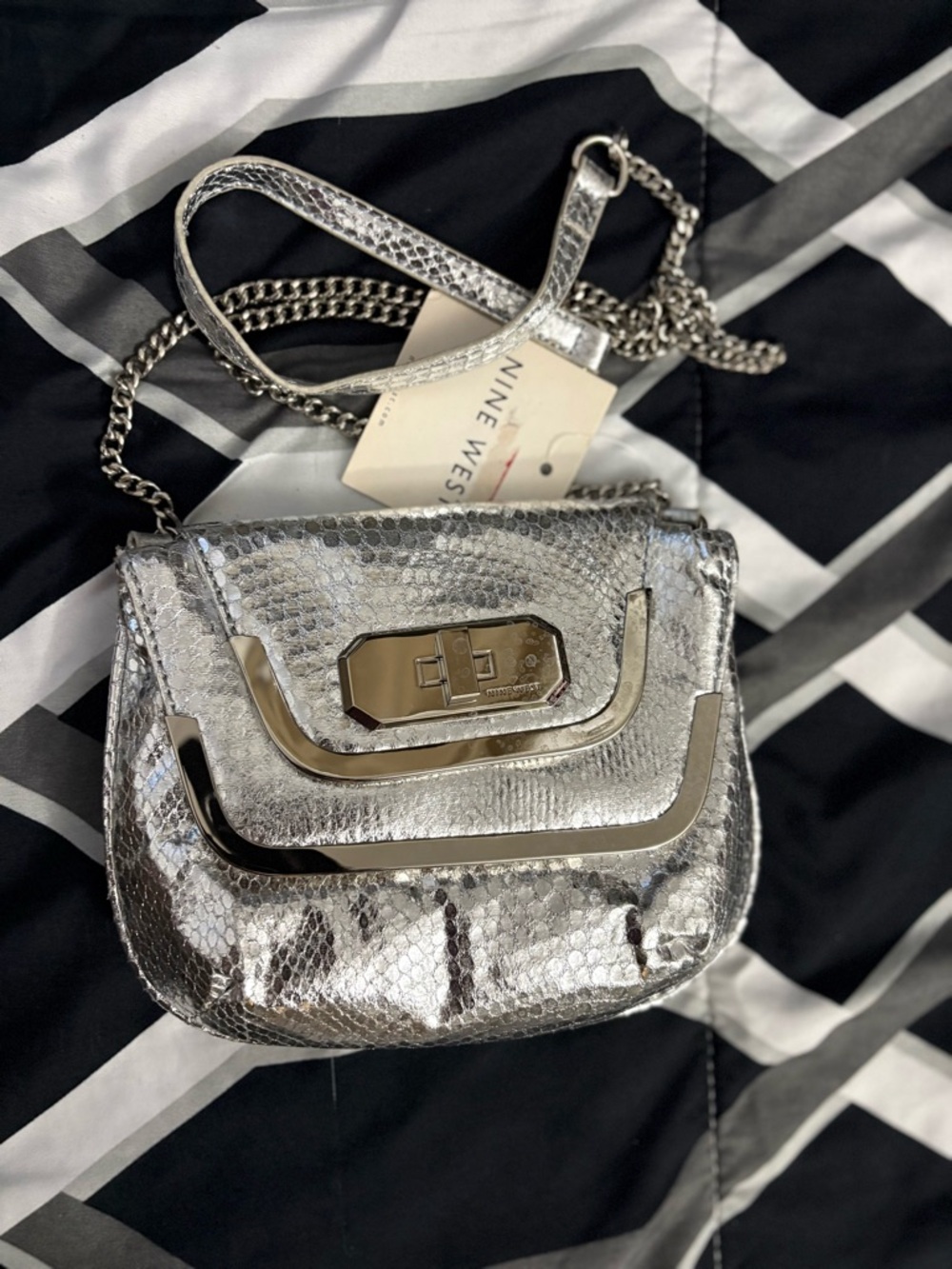 Nine West Silver Metallic Snake-Embossed Crossbody Bag
